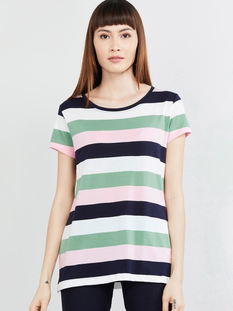

max Women Olive Green Pink Printed Round Neck Pure Cotton T-shirt