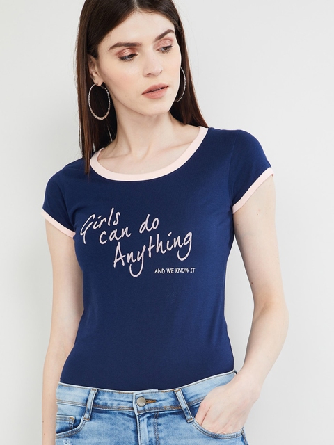 

max Women Navy Blue Printed Round Neck T-shirt