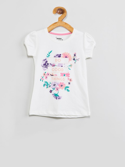 

max Girls White Printed Round Neck T-shirt