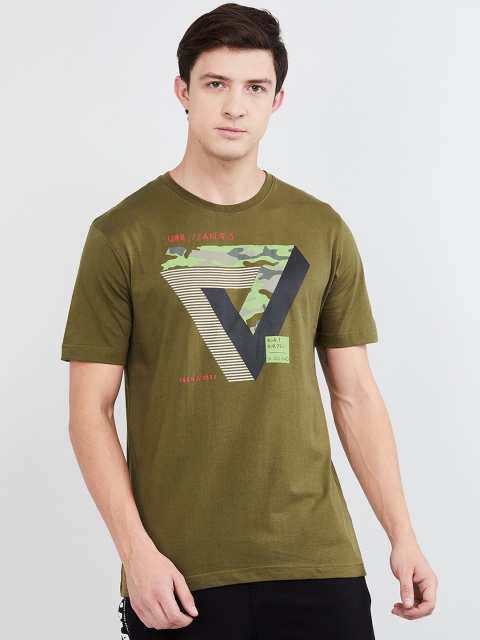 

max Men Olive Green Printed Round Neck T-shirt