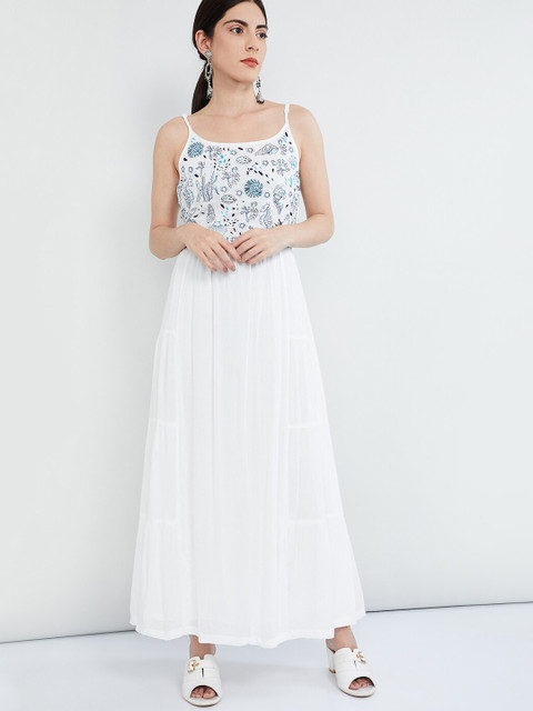 

max Women Off-White & Blue Embroidered Maxi Dress