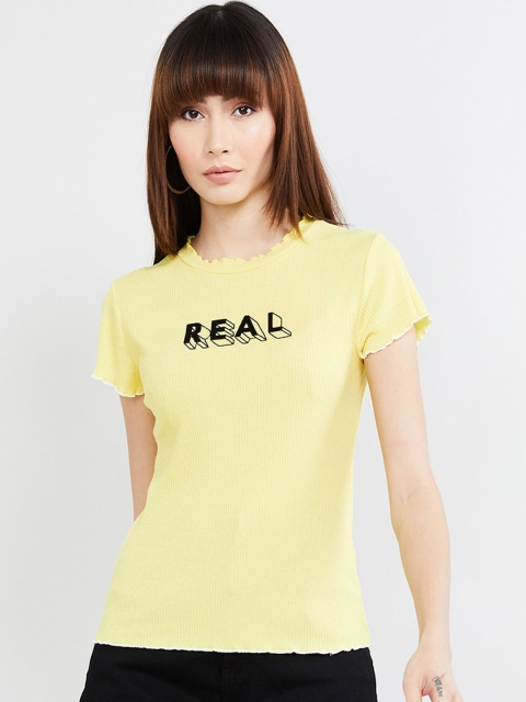 

max Women Yellow Printed Round Neck T-shirt