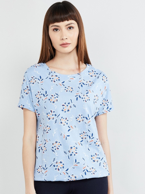 max Women Blue Floral Printed Round Neck T-shirt