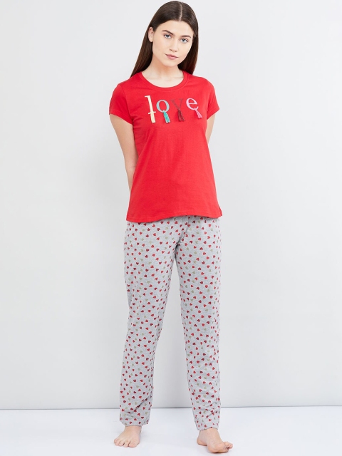 

max Women Red & Grey Printed Night suit