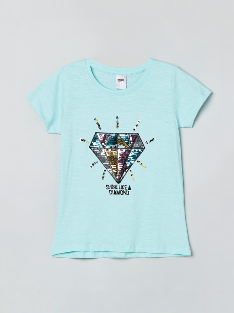 

max Girls Blue Printed Round Neck T-shirt