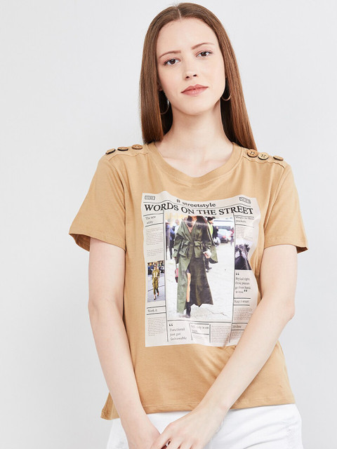 

max Women Tan Brown & Off-White Printed Round Neck T-shirt