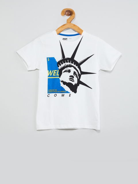 

max Boys White Printed V-Neck T-shirt