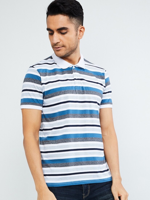 max Men White & Blue Striped Polo Collar T-shirt