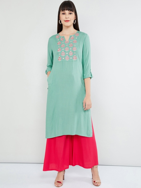 

max Women Green Embroidered Straight Kurta