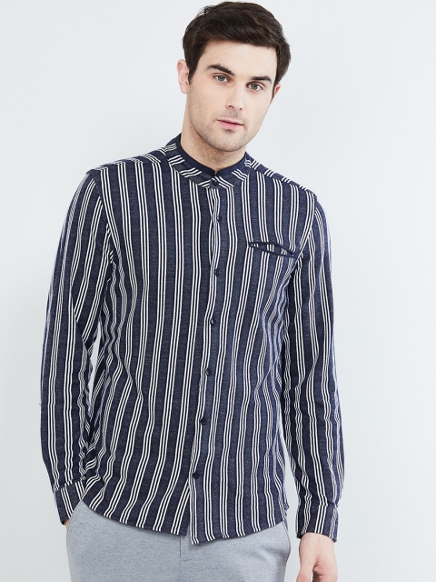 

max Men Navy Blue & White Slim Fit Striped Casual Shirt