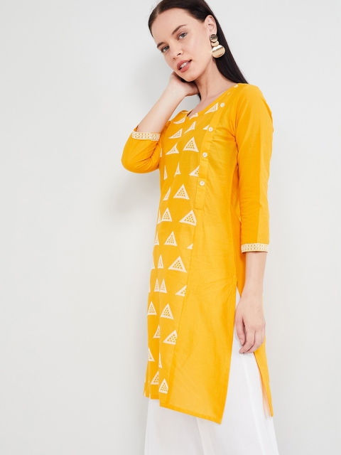 

max Women Mustard Yellow & White Embroidered Straight Kurta