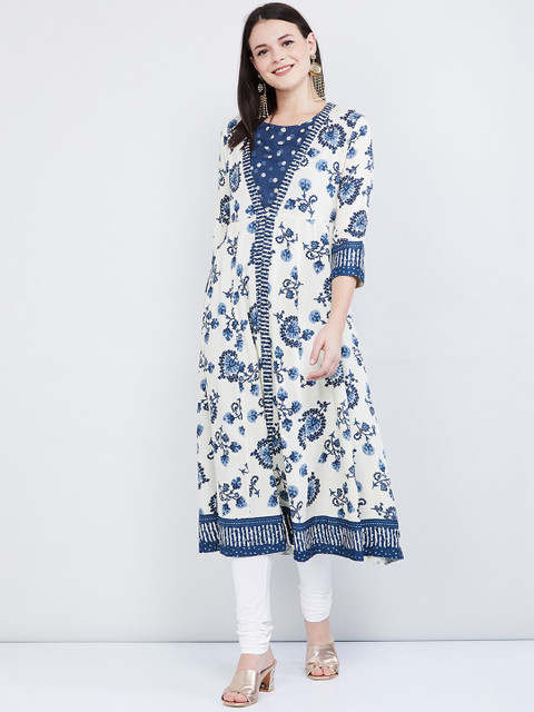 

max Women Off-White & Blue Printed A-Line Kurta With Jacket