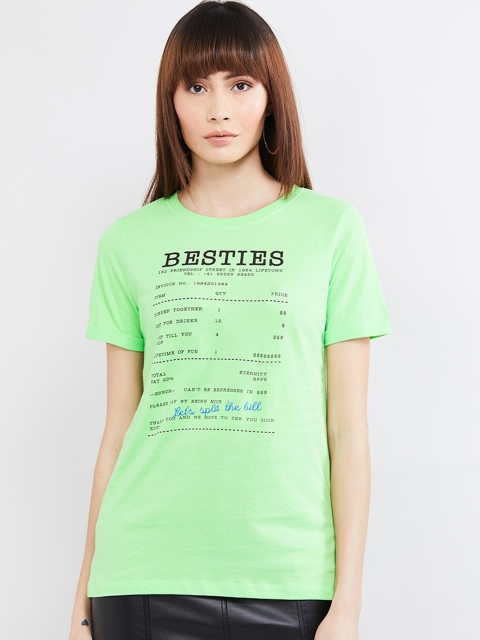 

max Women Green Printed Round Neck T-shirt