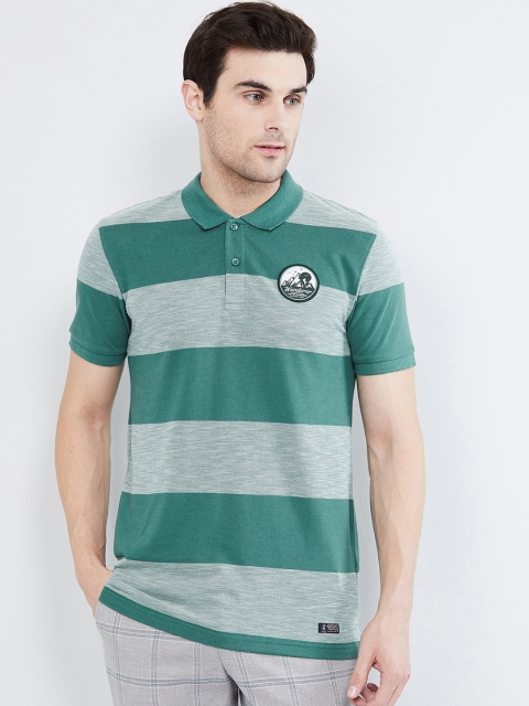 

max Men Green Striped Polo Collar T-shirt
