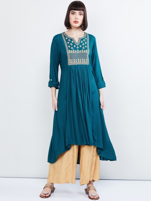 

max Women Teal Blue Yoke Design Straight Kurta