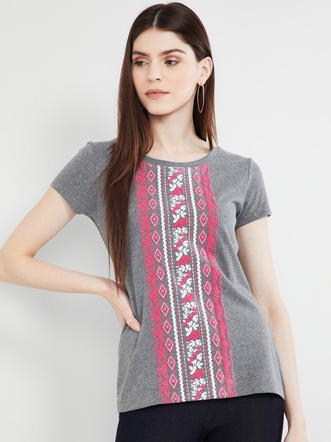 

max Women Grey Printed Round Neck T-shirt