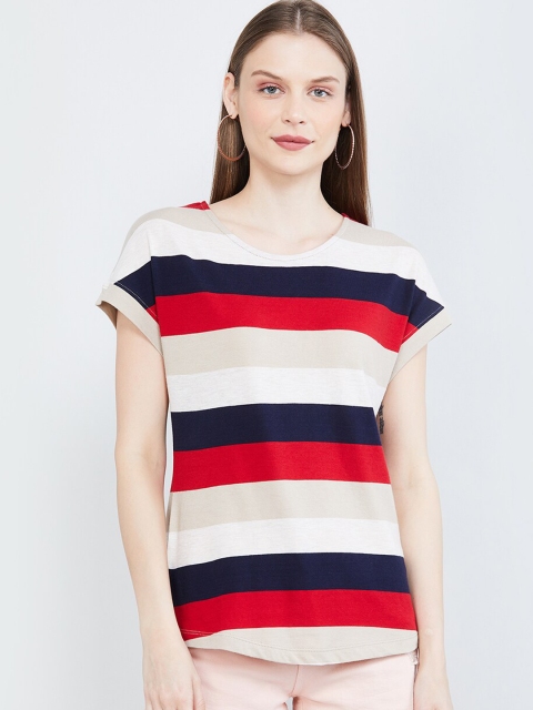 max Women Beige Striped Halter Neck T-shirt