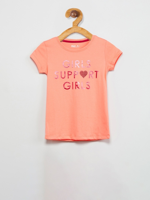 

max Girls Peach-Coloured Printed Round Neck T-shirt