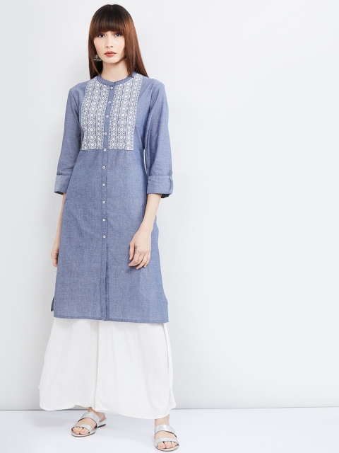 max Women Blue Embroidered Straight Kurta