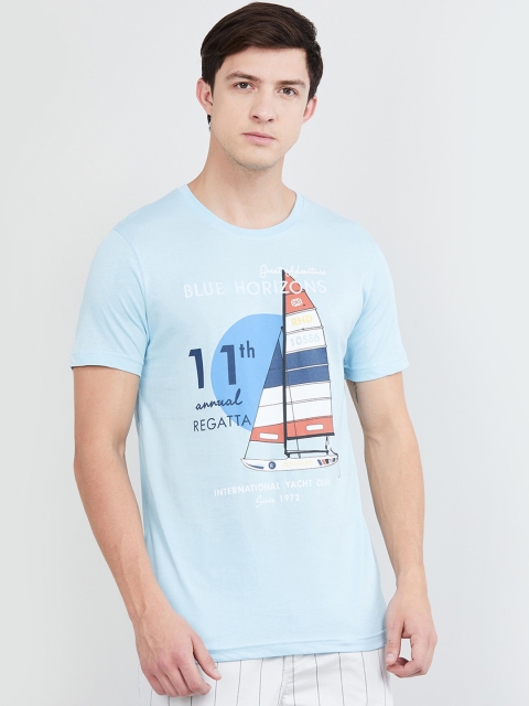 

max Men Blue Printed Round Neck T-shirt
