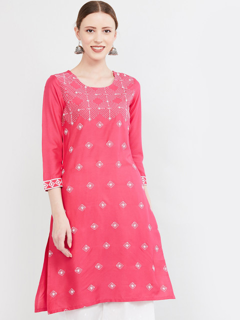 

max Women Pink Embroidered Straight Kurta