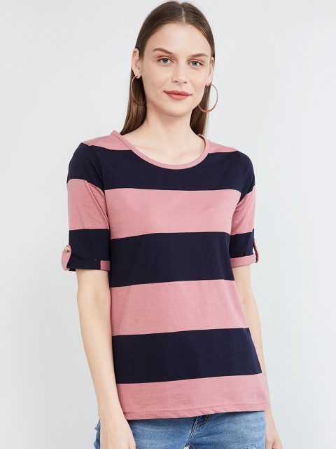 

max Women Pink & Navy Blue Striped Round Neck T-shirt