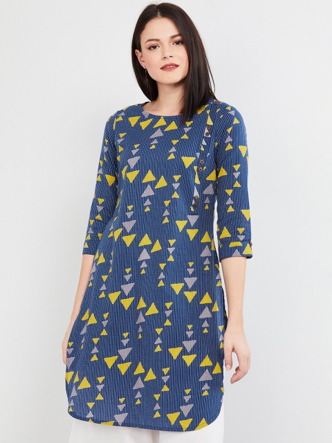

max Women Blue & Yellow Printed Pure Cotton Straight Kurti