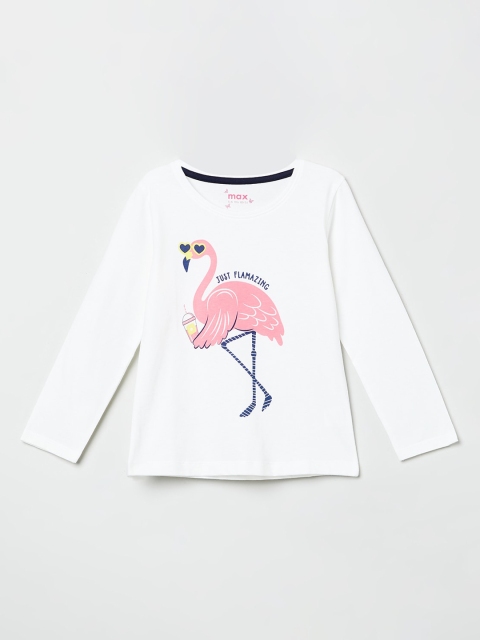 max Girls White Printed Round Neck T-shirt