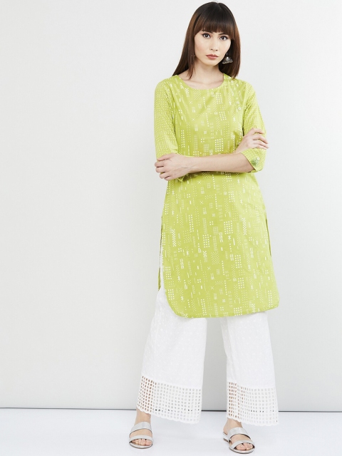 

max Women Green & White Printed Straight Kurta