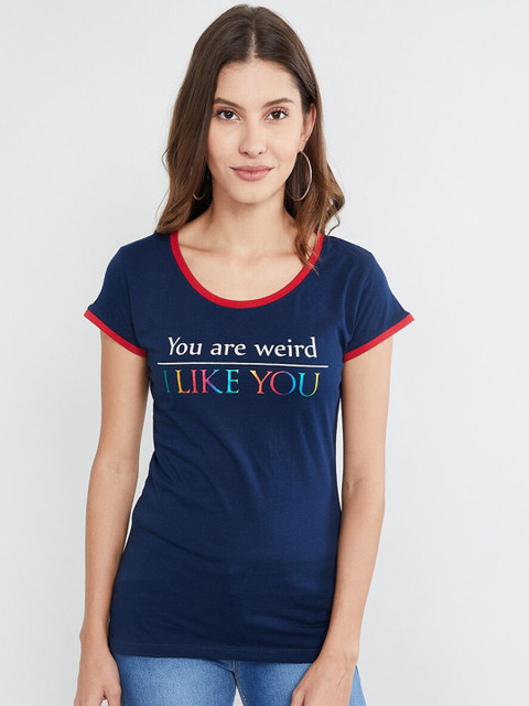 

max Women Navy Blue & Red Printed Round Neck T-shirt