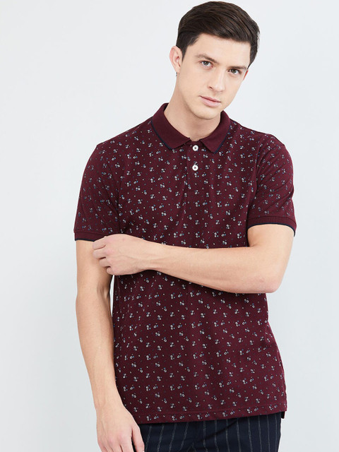 

max Men Burgundy Floral Printed Polo Collar T-shirt