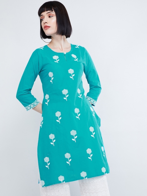 

max Women Turquoise Blue & White Embroidered Straight Kurta