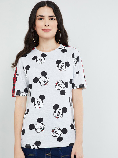 

max Women Grey Melange Mickey Mouse Printed Round Neck T-shirt