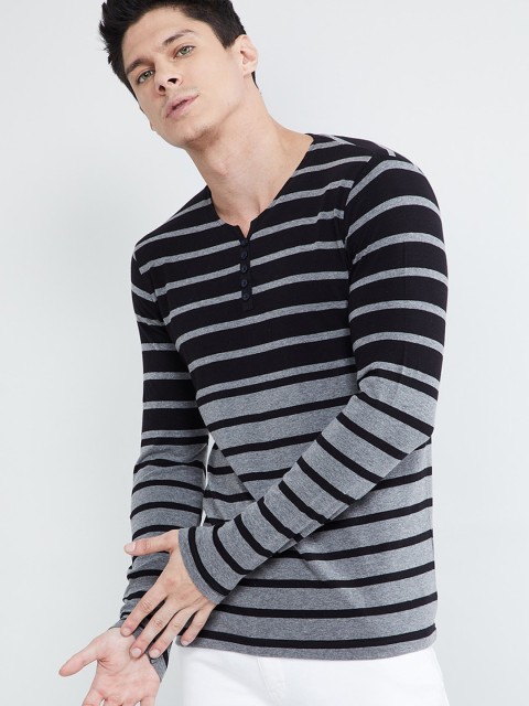 

max Men Grey & Grey Striped Henley Neck Slim Fit T-shirt