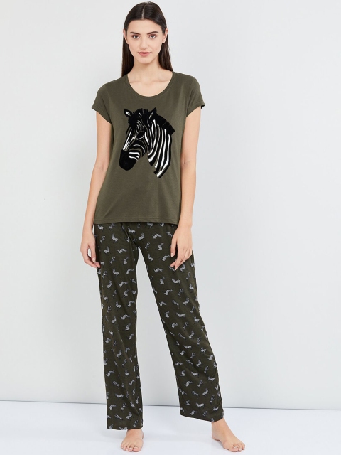 

max Women Olive Green Printed Night suit