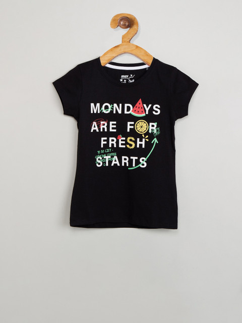 

max Girls Black Printed Round Neck T-shirt