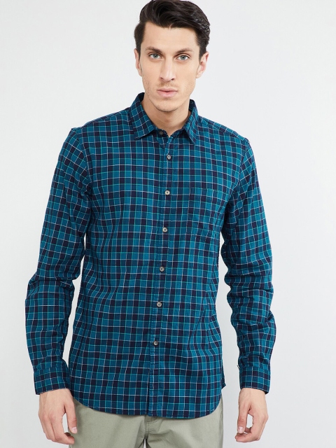 

max Men Teal Green & Navy Blue Slim Fit Checked Casual Shirt