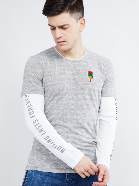 

max Men Grey Striped Round Neck T-shirt