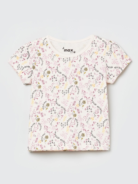 

max Girls Cream-Coloured Printed Round Neck T-shirt