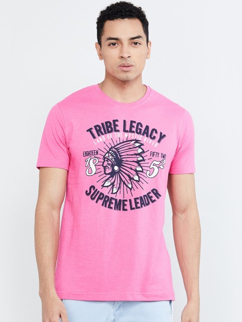 

max Men Pink Printed Round Neck T-shirt