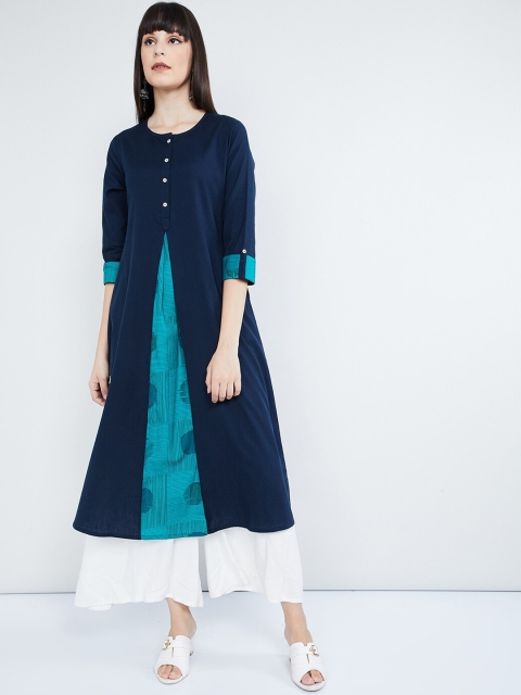 

max Women Navy Blue Solid A-Line Layered Kurta
