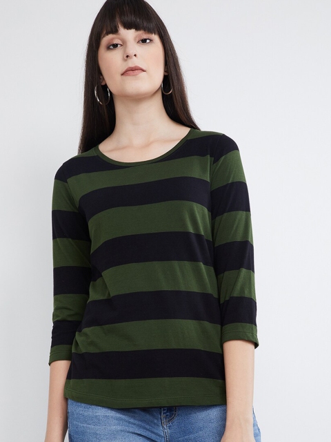 

max Women Olive Green & Black Striped Round Neck T-shirt