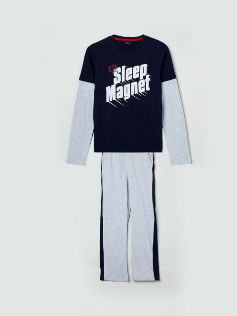 max Boys Navy Blue & Grey Printed Night Suit