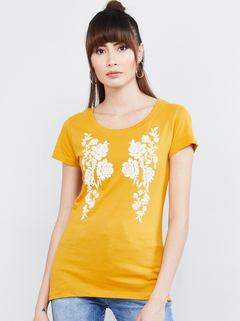 

max Women Mustard Yellow Printed Round Neck T-shirt