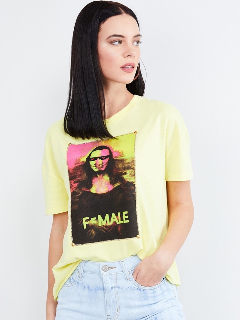 

max Women Yellow Printed Round Neck T-shirt