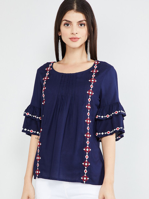 

max Women Navy Blue & Red Embroidered Top