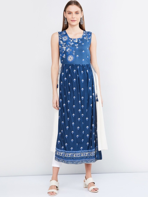 

max Women Blue & Off-White Printed A-Line Layered Kurta