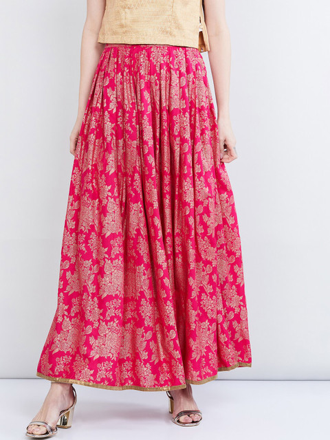 

max Women Pink & Gold-Coloured Printed Flared Maxi Skirt