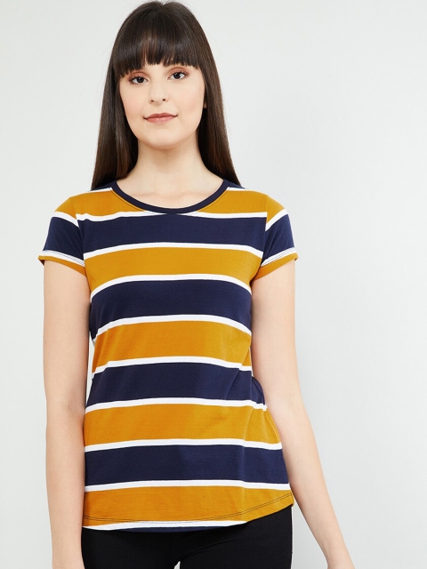

max Women Mustard Yellow and Navy Blue Striped Round Neck T-shirt
