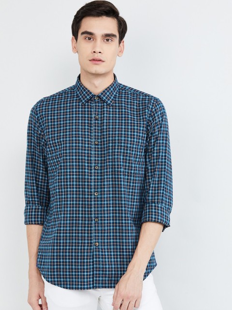

max Men Navy Blue & Green Regular Fit Checked Casual Shirt